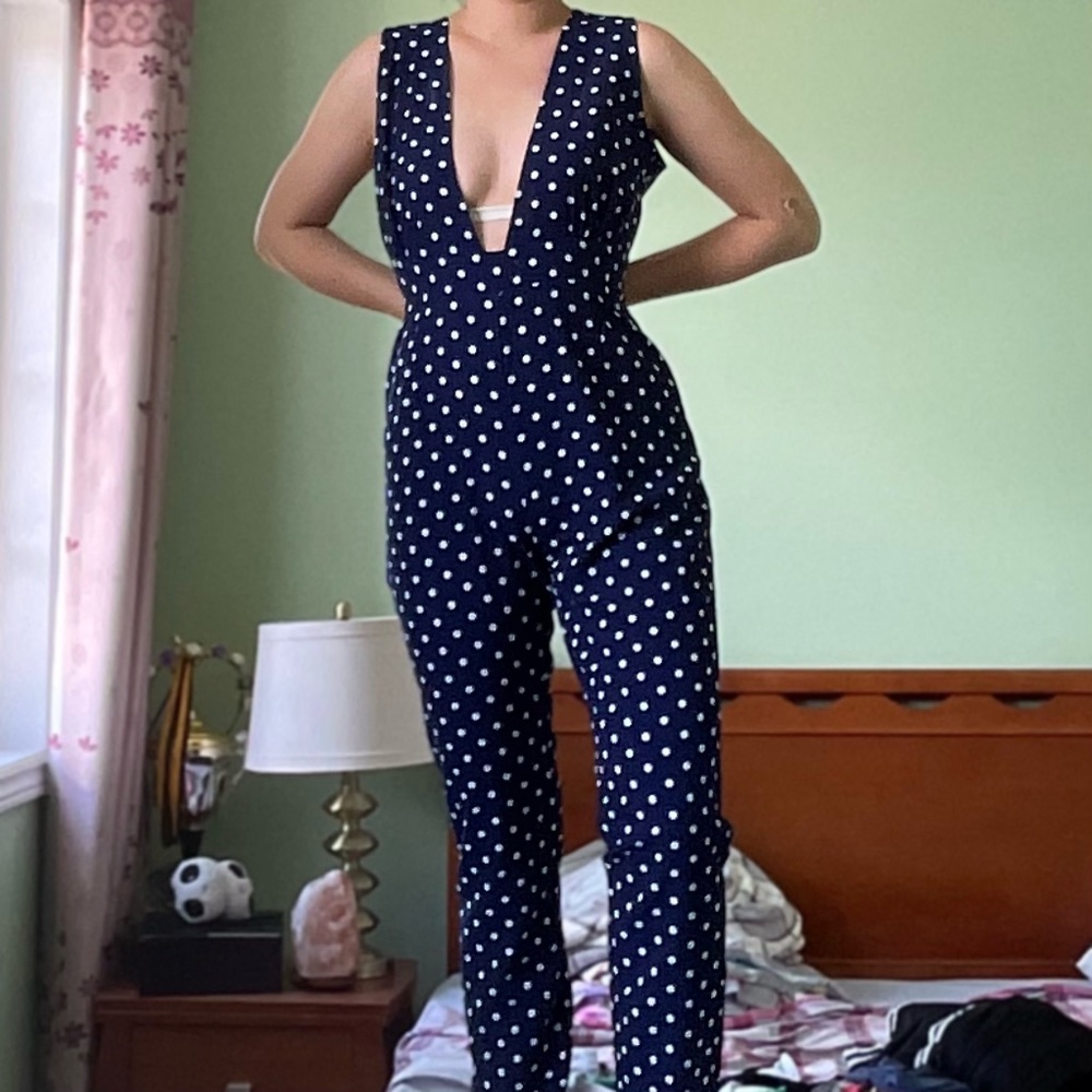 Retro 50s deep cut polka dot dark blue jumpsuit large (size 8-10)